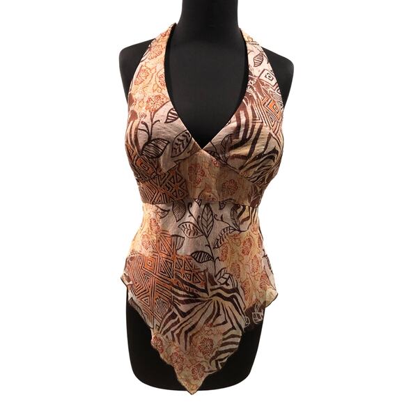 Cache Earthtone Silk Metallic Lined Halter Top Built In Bra Lined Hankey Hem$128 - Picture 2 of 5